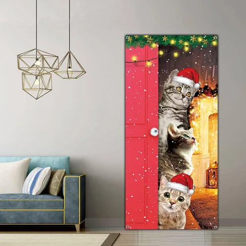 Miniatura 5 de Cubierta de Puerta de Gatos Lindos Feliz Navidad Banner Decoración de Gatos Divertidos para Puerta Delantera Pared Ventana Suministros de Fiesta