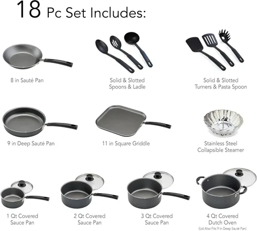 Miniatura 5 de Juego de cocina antiadherente de 18 piezas (gris acero) - Versátil, fácil de limpiar, compatible con múltiples tipos de estufas