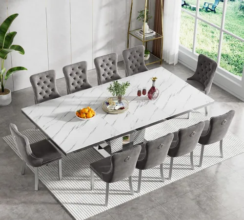 Miniatura 43 de Juego de mesa de comedor extensible de 5 piezas, juego de mesa de comedor extensible de estilo granja para 4, mesa de cocina expandible de madera