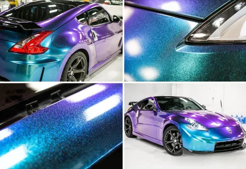 Miniatura 8 de LZLRUN Adhesivo de vinilo brillante brillante de color azul camaleón a morado con purpurina para interior del automóvil, lámina de cambio