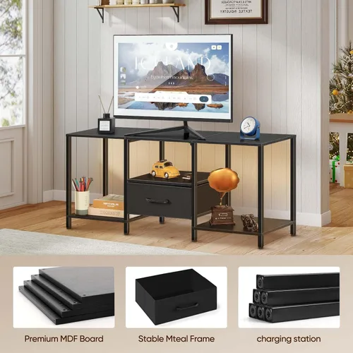 Miniatura 4 de LIANTRAL Soporte de TV negro para dormitorio con armario de almacenamiento de hasta 50 pulgadas, mesa consola de TV pequeña con tomas de corriente