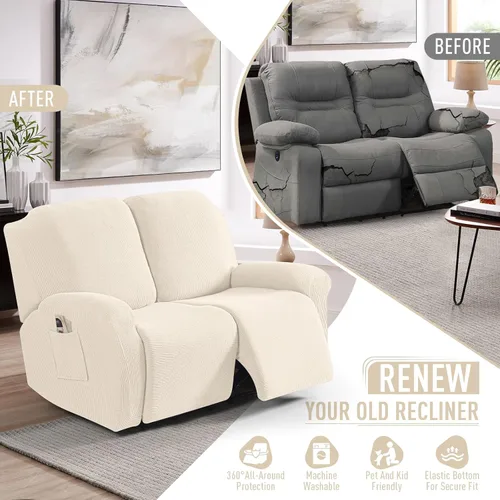 Miniatura 4 de TAOCOCO Funda para sofá biplaza reclinable, 6 piezas, fundas dobles para sofá biplaza reclinable doble de 2 asientos, protector de muebles con Beige