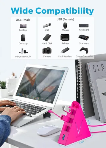 Miniatura 3 de Concentrador USB 3.0, JoyReken Separador USB de 4 Puertos para Laptop, Adaptador de Teclado y Mouse para PS4 Compatible con Xbox, PC, MacBook, Rosa
