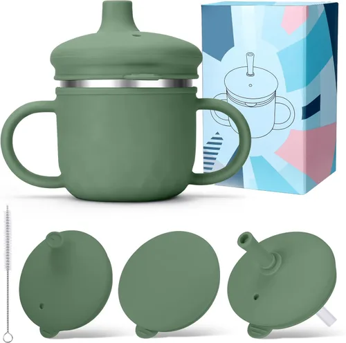 Miniatura 9 de BUSOHA Vasos para sorber de acero inoxidable para niños de más de 6 meses, 3 en 1, taza para sorber de silicona para niños pequeños con cepillo