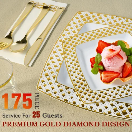 Miniatura 3 de FOCUSLINE Juego de vajilla dorada de 175 piezas para 25 invitados - Platos cuadrados de plástico con borde de diamante, incluye 25 platos Placas