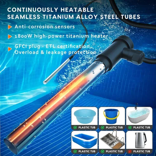 Miniatura 4 de 1800W Titanium Fully Submersible Portable Electric Immersion Hot Tub & Pool Water Heater with LCD Temperature Controller & Leakage Protection, Ideal