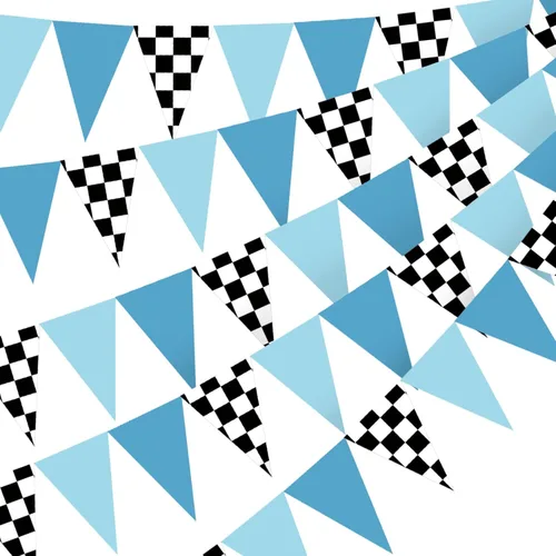 Miniatura 10 de Tiamon 5 banderas de coche de carreras, decoraciones de fiesta, rojo, azul, negro y blanco, triángulo a cuadros de 49.2 pies, banderines