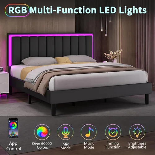 Miniatura 2 de IMMERSTABLE Marco de cama tamaño completo, marco de cama tapizado con luces LED, cama de plataforma con cabecero, soporte de listones de madera