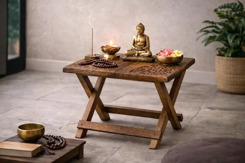 Miniatura 6 de Mesa altar pequeña para meditación, puja, prácticas wiccanas, budistas - Mesa lateral baja de madera, mesa de té japonesa, diseño de dragón plegable