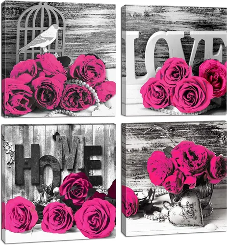 Miniatura 19 de Arte de pared de flores de rosa turquesa y verde azulado para el baño, decoración de pared floral turquesa, señal de amor en blanco y negro, Rosa