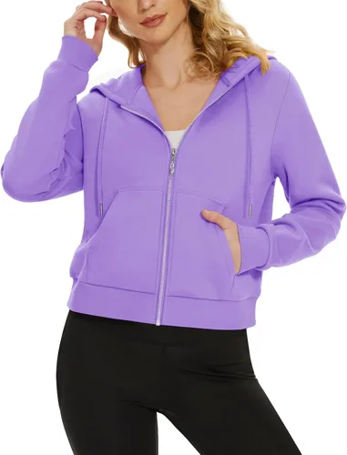 MAGCOMSEN Sudadera corta con capucha para mujer, forro polar, con cremallera completa, con bolsillos