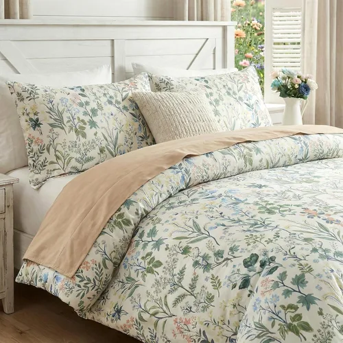 Miniatura 4 de Juego de edredón floral verde, tamaño King, edredón 100% algodón, 3 piezas, suave, ligero, reversible, retro, floral, para todas las estaciones