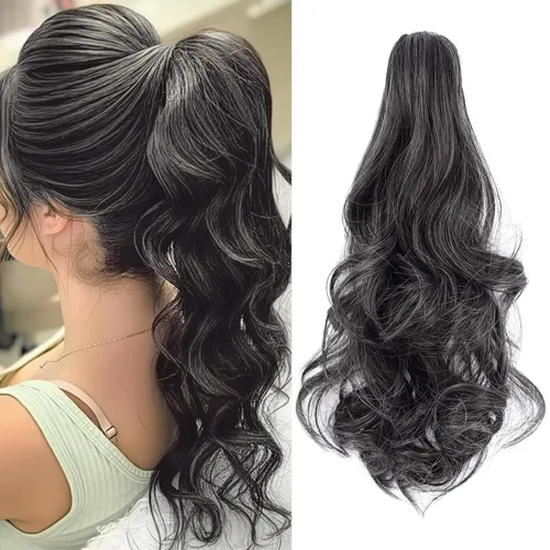 Miniatura 16 de Felendy Extensión de cola de caballo de 18 pulgadas, mezcla de rubio ceniza, marrón oscuro, rizado, ondulado, con clip, extensiones de cabello largo