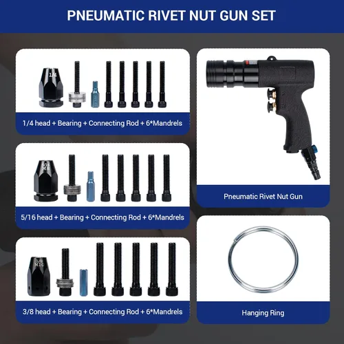Miniatura 2 de Kit de herramientas de tuerca de remache de aire, pistola de remache neumática con mandriles de 1/4", 5/16" y 3/8