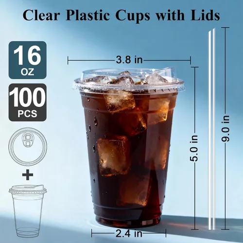 Miniatura 3 de Goodluck Paquete de 100 vasos de plástico transparente de 16 onzas con tapas, desechables para café helado con tapas para fiestas, bebidas