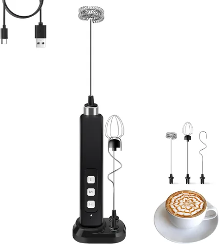 Espumador de leche recargable de mano con 3 batidores de acero inoxidable desmontables, mezclador de bebidas ajustable de 3 velocidades, mini varita