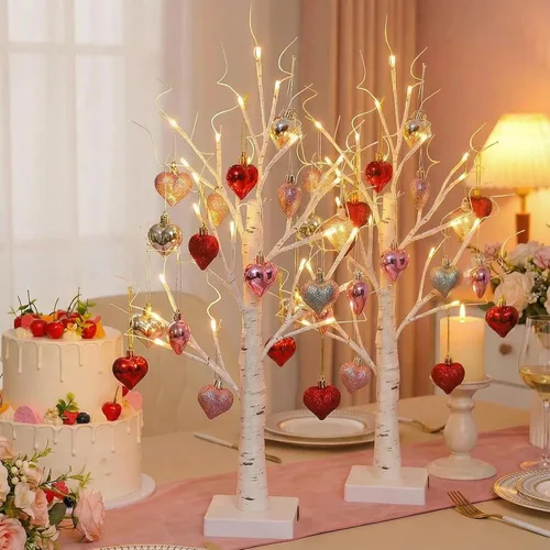 Miniatura 8 de Lámpara romántica de árbol de abedul en forma de corazón, decoración del día de San Valentín, árbol de abedul iluminado con adornos de corazón, haz