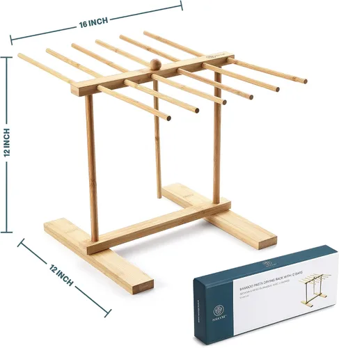 Miniatura 6 de Estante de secado de pasta de bambú con varita de transferencia y 12 barras, fácil de transferir para secar pasta y cocinar, diseño de suspensión