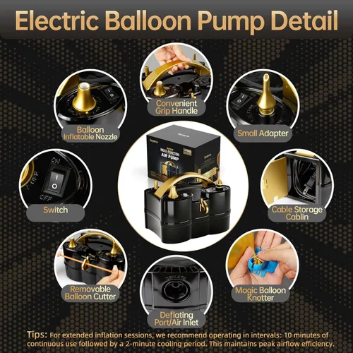 Miniatura 4 de Bezente Balloon Pump Electric, 3-in-1 Portable Black Gold Electric Air Machine Balloon Pump Dual Nozzle Balloon Inflator for Inflatables and Latex