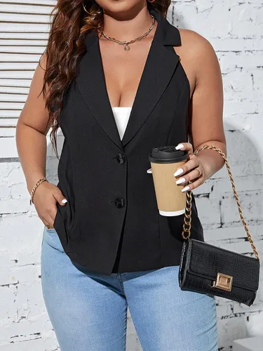 Miniatura 5 de MakeMeChic Chaqueta sin mangas con cuello de solapa y botones frontales para mujer, talla grande