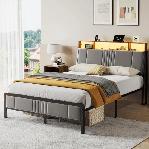 Miniatura 9 de BedsPick Base de cama tamaño completo con cabecera ergonómica, plataforma de metal tapizada tamaño completo con almacenamiento de 2 niveles