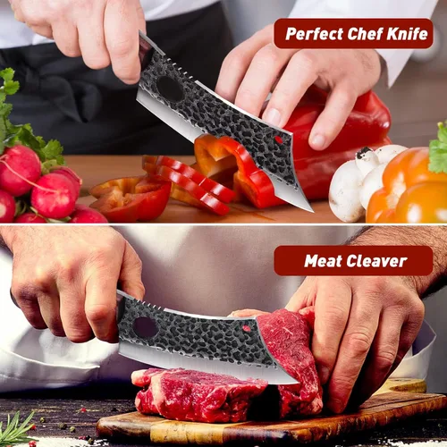 Miniatura 5 de ROCOCO Juego de 3 cuchillos de carnicero para cortar carne, cuchillo de chef serbio, cuchillo de deshuesado vikingo con fundas para cocina, BBQ al