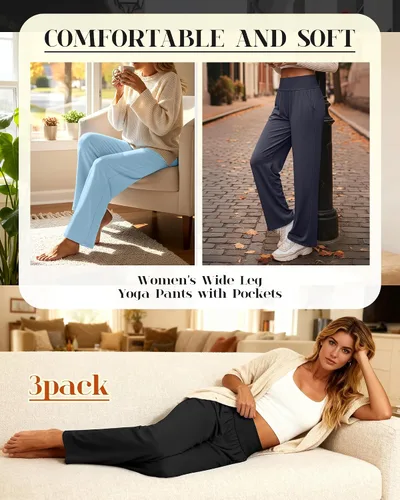 Miniatura 175 de Neer - Conjunto de 3 pantalones de yoga de pierna ancha para mujer - Pantalones deportivos cómodos, holgados, de cintura alta y casuales