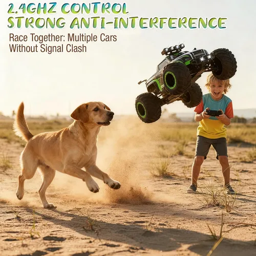 Miniatura 8 de Camión monstruo con control remoto para niños: coche RC todoterreno con faros y luces en el cuerpo, 1:18, 20 km/h, tracción a 2 ruedas, 2.4 GHz