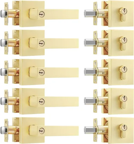 Miniatura 32 de Leydebong Paquete de 2 pomos de puerta de entrada con llave igual, pomo de puerta con cerradura y llave, manijas de puerta doradas para exterior e