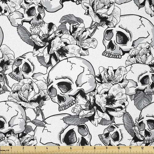 Miniatura 8 de Ambesonne The Yard, tela de calavera colorida con temática de Halloween, diseño de calavera y huesos cruzados, divertido estampado de dibujos