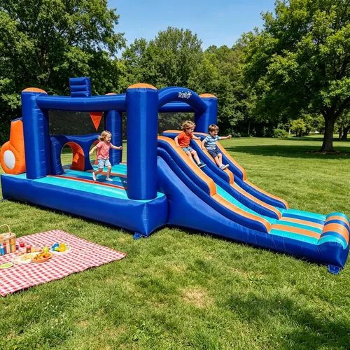 Miniatura 2 de Casa de Rebote Inflable con Pista de Obstáculos para Niños - 2 Toboganes de Carreras, Área de Salto, Túnel y Paredes de Escalada con Soplador