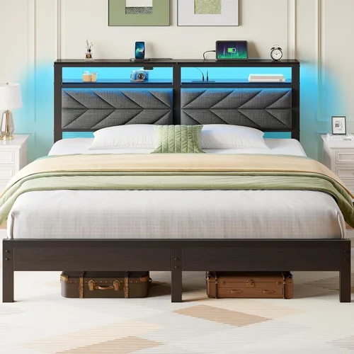 Miniatura 16 de Seventable Base de cama tamaño Queen con estación de carga, cama LED con cabecera de almacenamiento tapizada, cama de plataforma de metal con Gris
