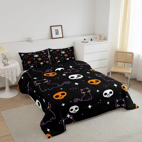 Miniatura 2 de Erosebridal Ropa de cama de Halloween para niños y niñas, juego de edredón espeluznante de dibujos animados, tamaño individual, relleno de edredón