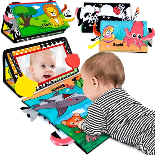 Juguetes para bebés de 0 a 6 meses – Juguete para bebé con espejo de bebé con libro de tela, juguete de bebé de alto contraste en blanco y negro