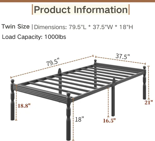 Miniatura 2 de Base de cama individual XL de 18 pulgadas con tapón deslizante para colchón, marco de cama individual XL con estilo vintage, listones de acero