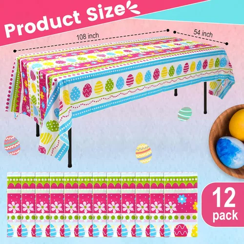 Miniatura 2 de Oudain 12 manteles de fiesta de Pascua a granel, cubierta de mesa de huevos de Pascua de plástico desechable, mantel de conejo colorido