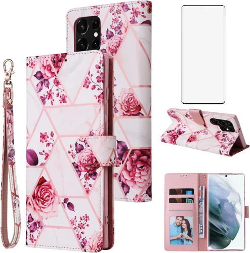 Asuwish Compatible con Samsung Galaxy S22 Ultra 5G 2022 Funda tipo cartera de vidrio templado, protector de pantalla de cuero con tapa para Oro rosa