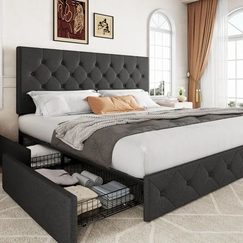 Miniatura 28 de Allewie - Base de cama tapizada de tamaño Full con plataforma, con 4 cajones de almacenamiento y cabecero, diseño cosido en cuadrados con botones