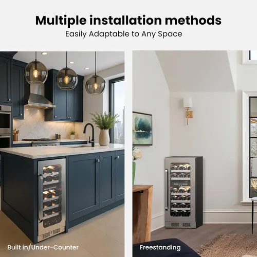 Miniatura 4 de Refrigerador de vino de 15 pulgadas, 29 botellas, refrigerador de vino de doble zona debajo del mostrador con puerta de vidrio, 3 LED integrados