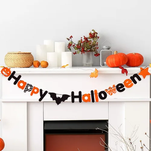JSDJ Cartel de Feliz Halloween, guirnalda de fieltro con decoraciones de calabaza araña, suministros de fiesta para uso en interiores, pared