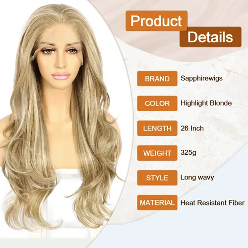 Miniatura 3 de SAPPHIREWIGS Peluca rubia con encaje frontal, pelucas largas y onduladas para mujer, pelucas de color rubio ceniza, resistentes al calor, para Mix