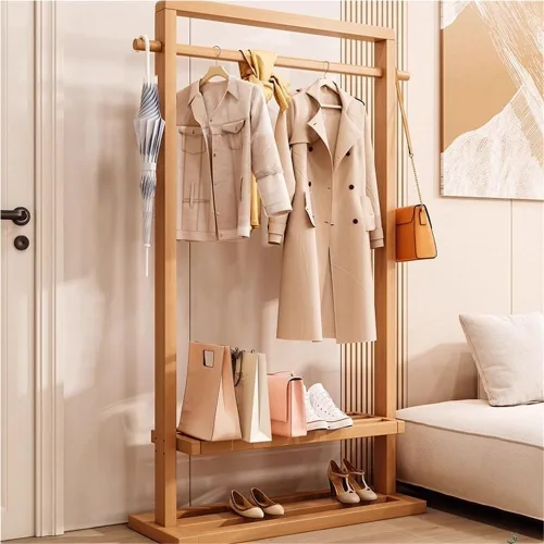 Miniatura 9 de Perchero de bambú para colgar ropa, perchero independiente con estantes dobles, organizador de ropa de pie para dormitorio o armario