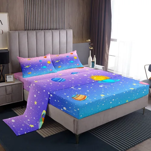 Miniatura 2 de Outer Space - Juego de sábanas tamaño matrimonial para niñas y niños, diseño de arco iris, galaxia, estrellas, planeta, kawaii, pastel, rosa, azul