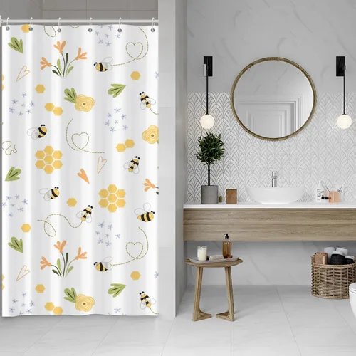 Baocicoo - Cortina de ducha de abeja de miel, diseño de abeja de caricaturas, pista voladora, rústica, floral, para baño, decoración de bañera con