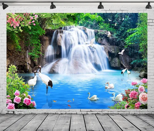 Miniatura 3 de BELECO Telón de fondo de tela de 5 x 3 pies para fotografía, bosque de montaña, paisaje de grandes cataratas, grúa de agua azul, flores