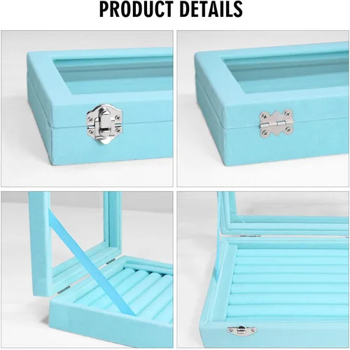 Miniatura 4 de Bandeja organizadora de anillos, 7 ranuras, caja de almacenamiento de joyas de terciopelo para aretes con tapa transparente, vitrina de joyería