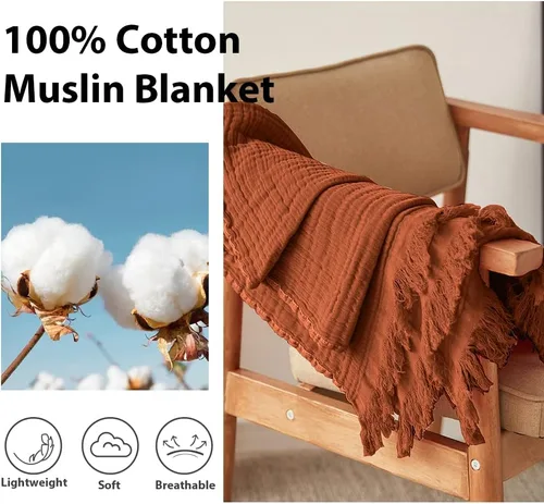 Miniatura 3 de Simple&Opulence Manta de muselina de algodón para cama, sofá, manta de gasa tejida de punto con borlas, suave, ligera, acogedora, prelavada