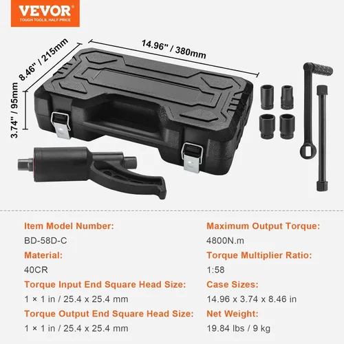 Miniatura 7 de VEVOR Multiplicador de Par, Juego de Llaves Multiplicadoras de Par de Servicio Pesado, Llave para Tuercas de Rueda con Impulsor de 1 Pulgada
