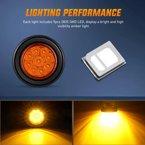 Miniatura 4 de Nilight Luz de Marcador Redonda de 2 Pulgadas 2PCS Ámbar 9LED Luces de Gálibo Montaje Empotrado con Enchufe Ojal Pigtail Cableado Directo para Ámbar