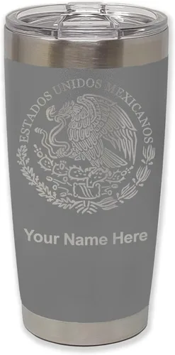 LaserGram Vaso aislado al vacío de 20 onzas, bandera de México, grabado personalizado incluido (gris)